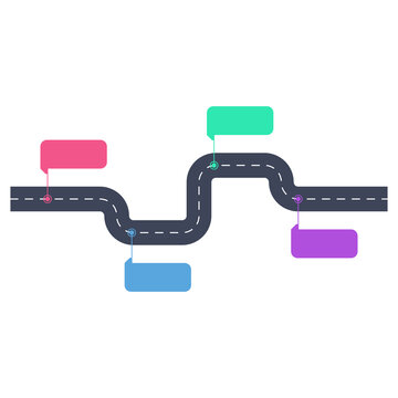Roadmap infographic template with winding road and four colorful speech bubble markers for business process milestones and timeline steps isolated on transparent background
