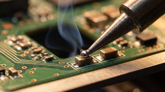 Close up of soldering iron melting solder on green electronic circuit board with smoke