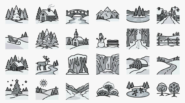 Corporate Winter Themed Set Monochromatic Icons of Snowy Scenes Cabins Animals and Holiday Elements