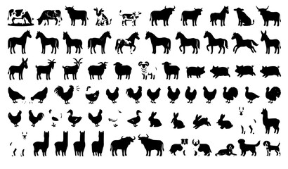farm, animals, cow, horse, sheep, goat, pig, chicken, rooster, duck, goose, rabbit, donkey, buffalo, calf, lamb, turkey, livestock, barn, agriculture, domestic, cute, flat, vector, illustration, colle © MdArif