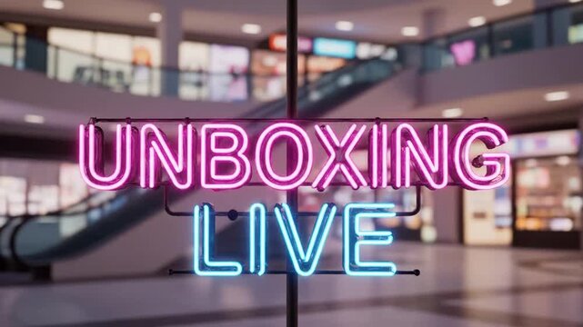 Neon sign reading Unboxing Live glowing in a blurred shopping mall
