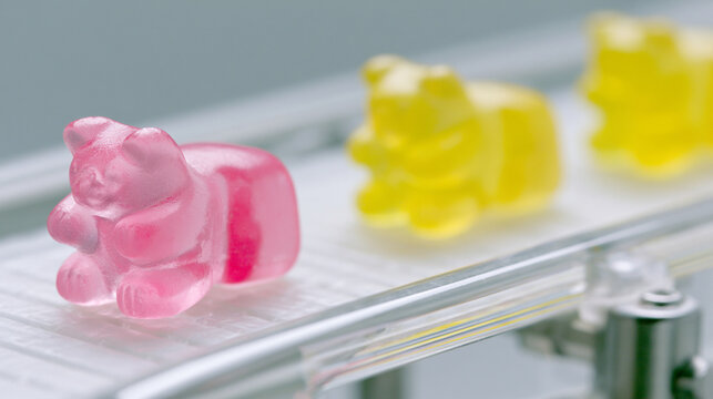 Colorful Sweet Gummy Bears Candies Arranged On Industrial Conveyor Line
