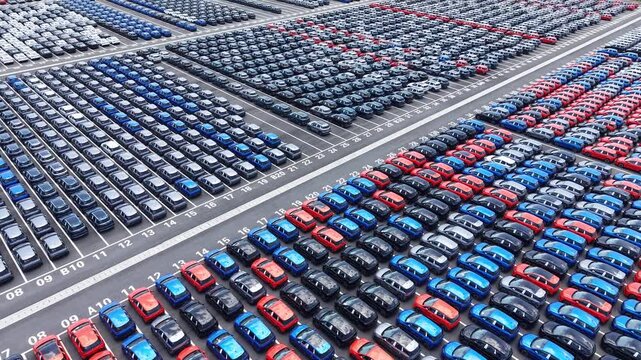 Aerial view of massive new car storage lot with neatly arranged multi-color sedans