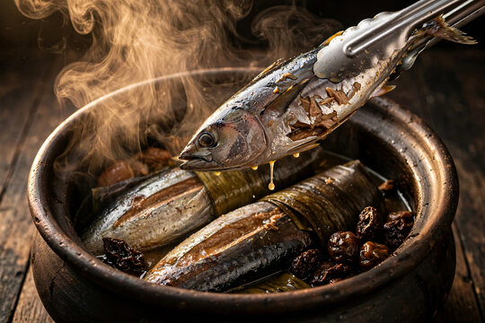 Rustic traditional fish stew in an earthen clay pot with steamed whole fish wrapped in banana leaves, lifted with metal tongs, authentic home cooking, smoky culinary scene, and rich savory broth.