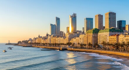 Fototapeta premium Vibrant City Skyline on a Golden Coastline at Sunset