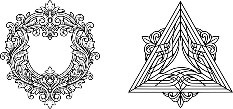 Two decorative frames, one featuring ornate baroque acanthus leaf scrolls and the other a triangular geometric pattern with interlaced lines transparent background