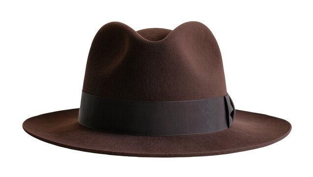 Brown felt fedora hat with black ribbon band, isolated on transparent background