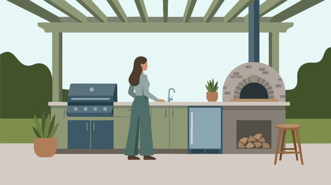 Modern outdoor kitchen illustration with woman, grill, and pizza oven