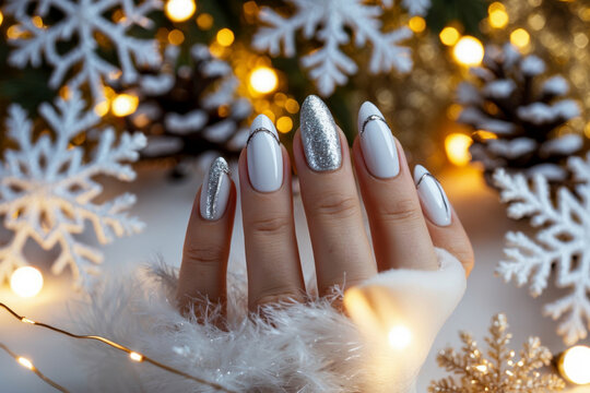 Themed Christmas manicure bright silver glitter colors with holiday attribute patterns AI Generative