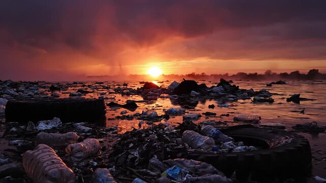 Polluted river filled with plastic waste and trash at sunset sunrise