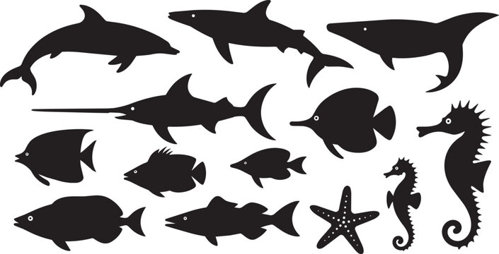 Sea animal silhouettes with fish dolphin seahorse vector set