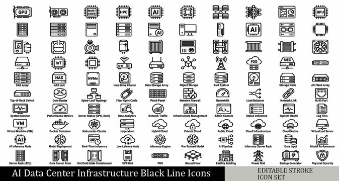 Ai data center infrastructure black line icons set for design