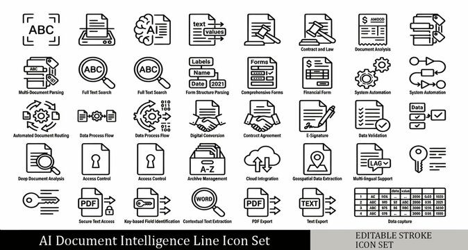 Ai document intelligence line icon set for business and technology concepts