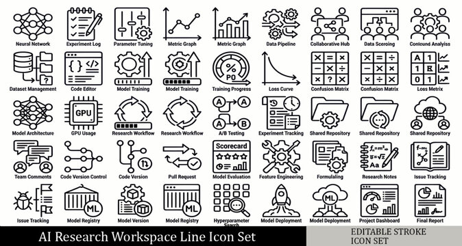 Ai research workspace line icon set for data science and machine learning concepts