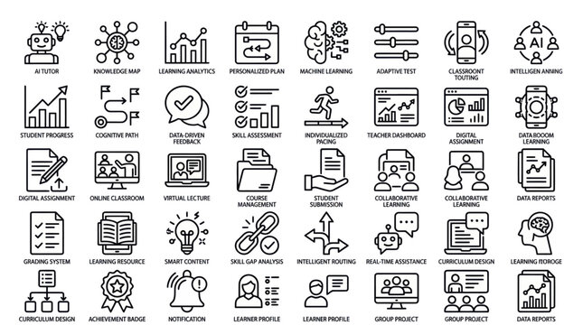 Collection of black line icons for educational technology and learning management systems