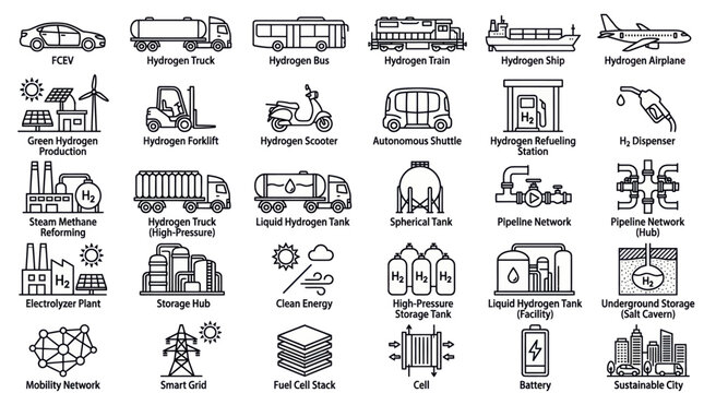Hydrogen fuel cell technology icons for sustainable energy solutions and transportation