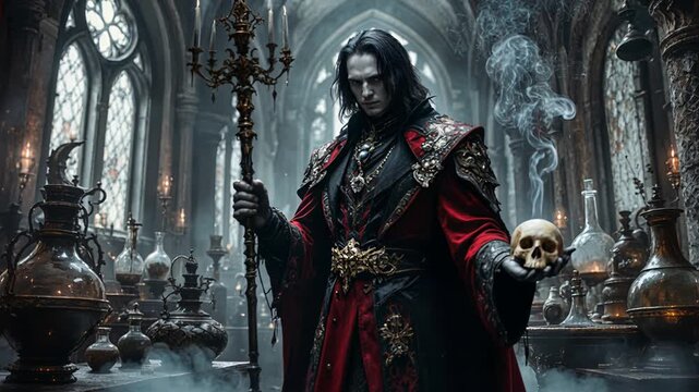 Dark sorcerer in ornate red cloak stands gothic hall surrounded by glass vessels