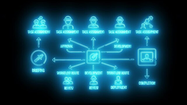 Neon-lit infographic depicting a network of interconnected people and devices with a central server on a black background.