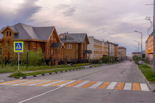 Wooden houses on the streets of Anadyr, Russia.
