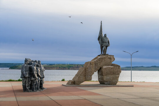Bering sea panorama with Soviet monument for first Chukchi communist organization in Anadyr, Russia (1980, by Korolev).
