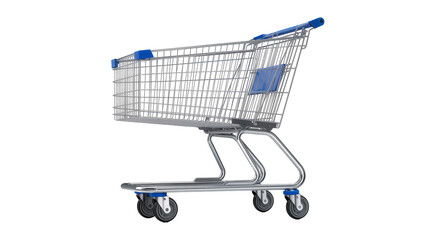 Shiny metal shopping cart with blue accents, isolated on transparent background © Iura