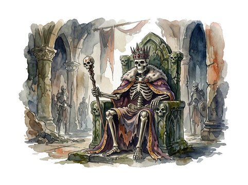 Regal skeleton king wearing a golden crown and purple robe sitting on a stone throne holding a staff while surrounded by undead warriors rendered in a detailed watercolor style on transparent backgrou