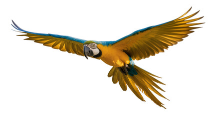 Blue and yellow macaw parrot with wings spread wide, isolated on transparent background © Iura