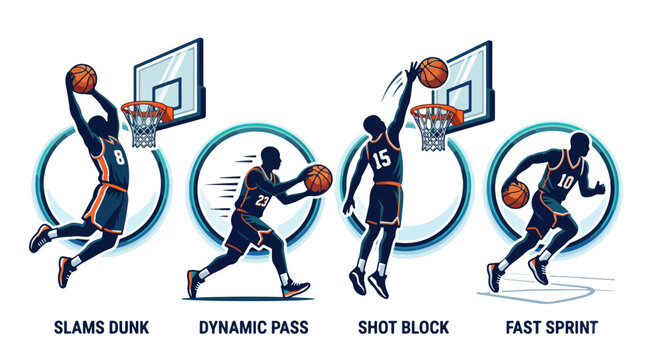 Dynamic basketball players performing slam dunks shot block and fast break moves during game action in an indoor arena