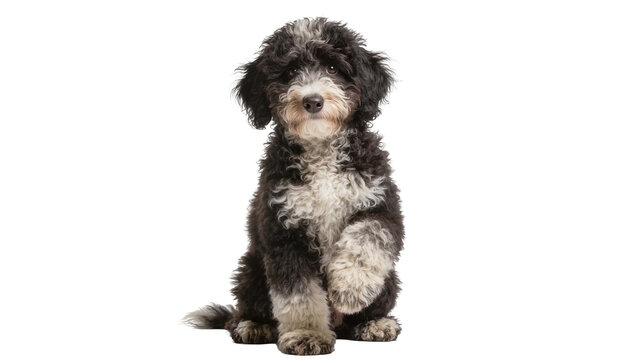 Fluffy black and white puppy dog sitting raising paw, isolated on transparent background