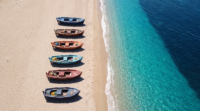 Six colorful fishing boats on a sandy beach. Aerial view of small vessels by turquoise sea.