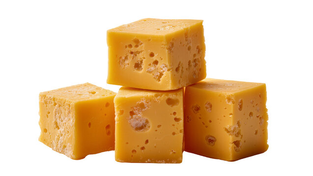 Four yellow cheese cubes with holes stacked and arranged, isolated on transparent background