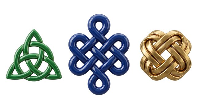 Three polished 3D decorative ornaments inspired by Indonesian cultural patterns featuring a green trinity knot, blue endless knot, and golden woven lattice shape
