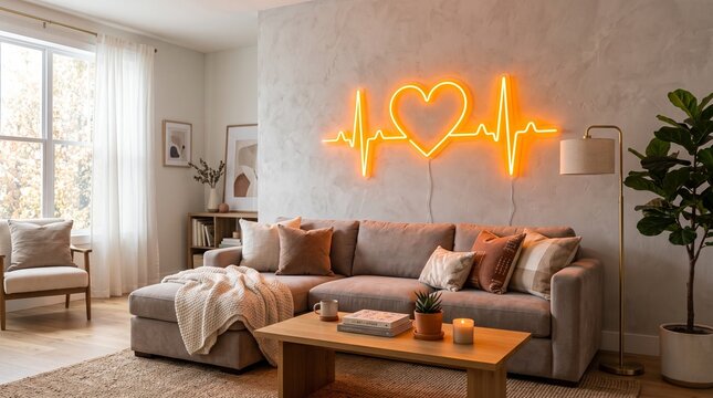 Orange neon heart sign in living room. Modern apartment interior with glowing wall decor.