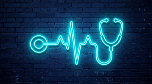 Cyan neon stethoscope icon on brick wall. Medical heartbeat sign for healthcare concept.
