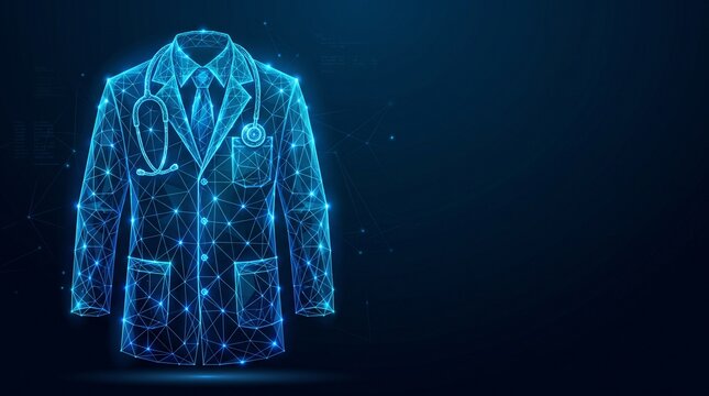 Digital doctor lab coat illustration. Medical uniform wireframe with glowing blue nodes.
