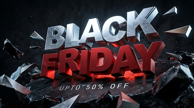 Black friday sale with 3 d metallic text and shattered rock up to 50% off discount offer