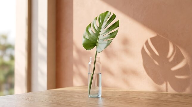 A single green monstera leaf in a clear glass vase filled with water, casting a shadow on a peach-colored wall