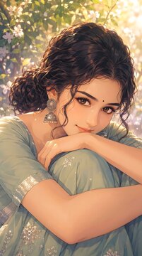 Young woman with curly hair wearing a light green embroidered dress sitting outside in sunlight embroidery outdoors sunlight portrait traditional lighting charming feminine cultural graceful