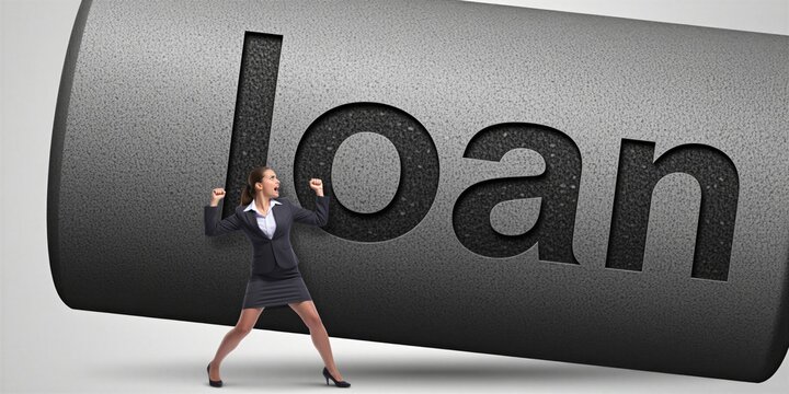 Businesswoman in suit struggles to lift giant iron word loan. Female office worker faces heavy financial burden stress. Person fights against economic debt crisis hardship. Professional lady pushes