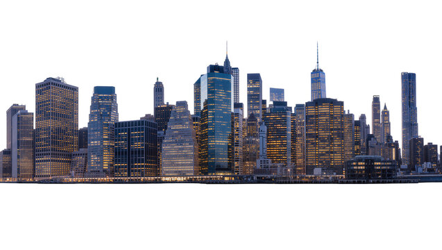 Diverse skyscrapers with illuminated windows, isolated on transparent background