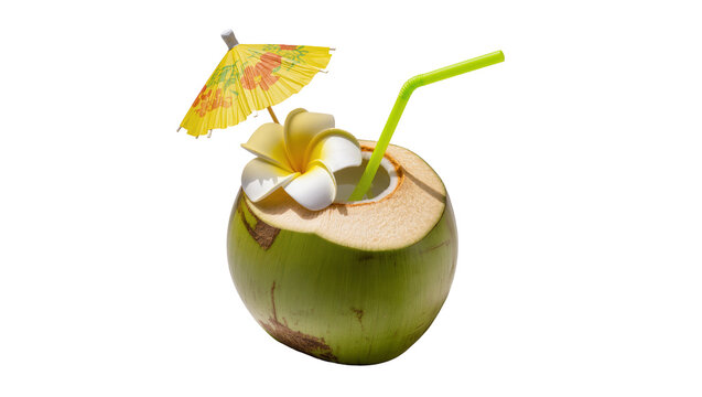 Fresh green coconut drink with flower and umbrella, isolated on transparent background