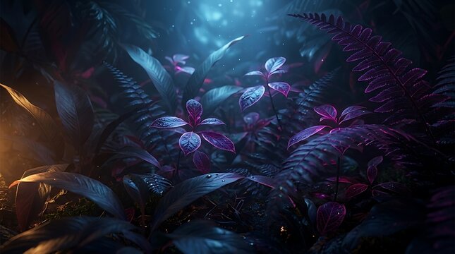 Ethereal deep-sea garden of glowing purple and blue anemones in dark ocean abyss