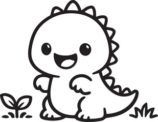 Obraz premium Adorable baby dinosaur character with happy expression in nature setting line drawing.