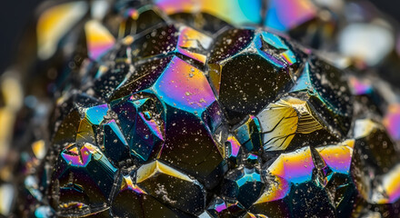 Obraz premium Macro view of dark iridescent crystal mineral with rainbow metallic sheen and geometric facets