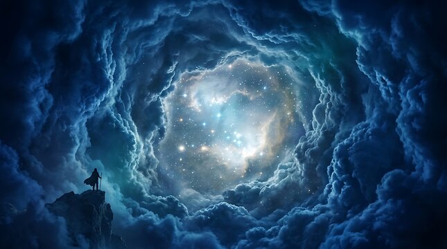 Lone figure in dark cloak stands on rocky outcrop gazing into swirling nebula filled with stars and cosmic light