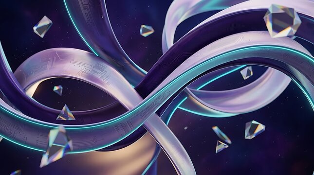 Intertwined abstract ribbons of purple and silver with floating geometric crystals in cosmic background