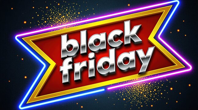 Bright Black Friday neon sign glowing against dark background. Vibrant metallic letters with colorful light frames announce big sale event. Digital retail marketing banner template with modern