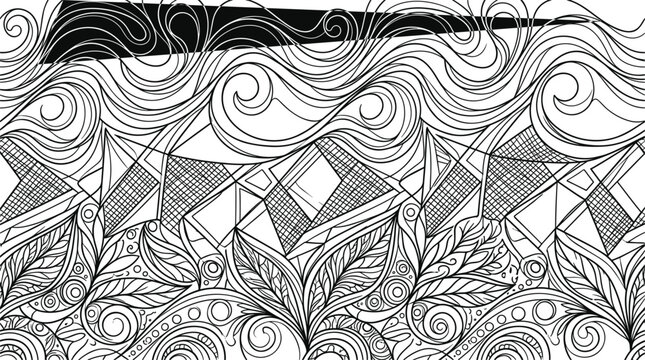 Abstract Doodle Line Art Background Texture with Waves Geometric Shapes and Floral Leaves Patterns Vector Illustration for Coloring Books and Covers