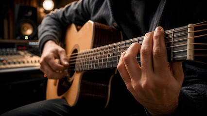 Fototapeta premium Close up of a male musician hands playing acoustic guitar with steel strings in a dimly lit cozy music studio with blurred warm lights