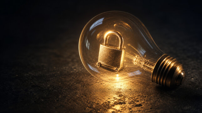 Surreal concept of a glowing golden light bulb on a dark concrete table with a metallic padlock locked inside instead of a filament. Idea protection and cyber security concept.